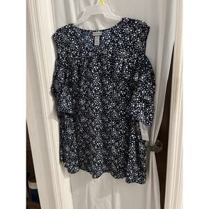 Catherine’s Blue White Star Pattern Ruffled Cold Shoulder Top Sz 5 X